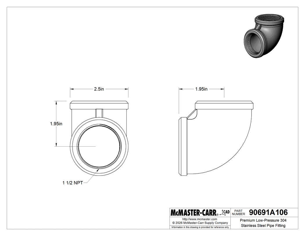 Technical Drawing of Premium Low-Pressure 304 Stainless Steel Pipe Fitting, with Certificate, 90 Degree Elbow Connector, 1-1/2 NPT Female.